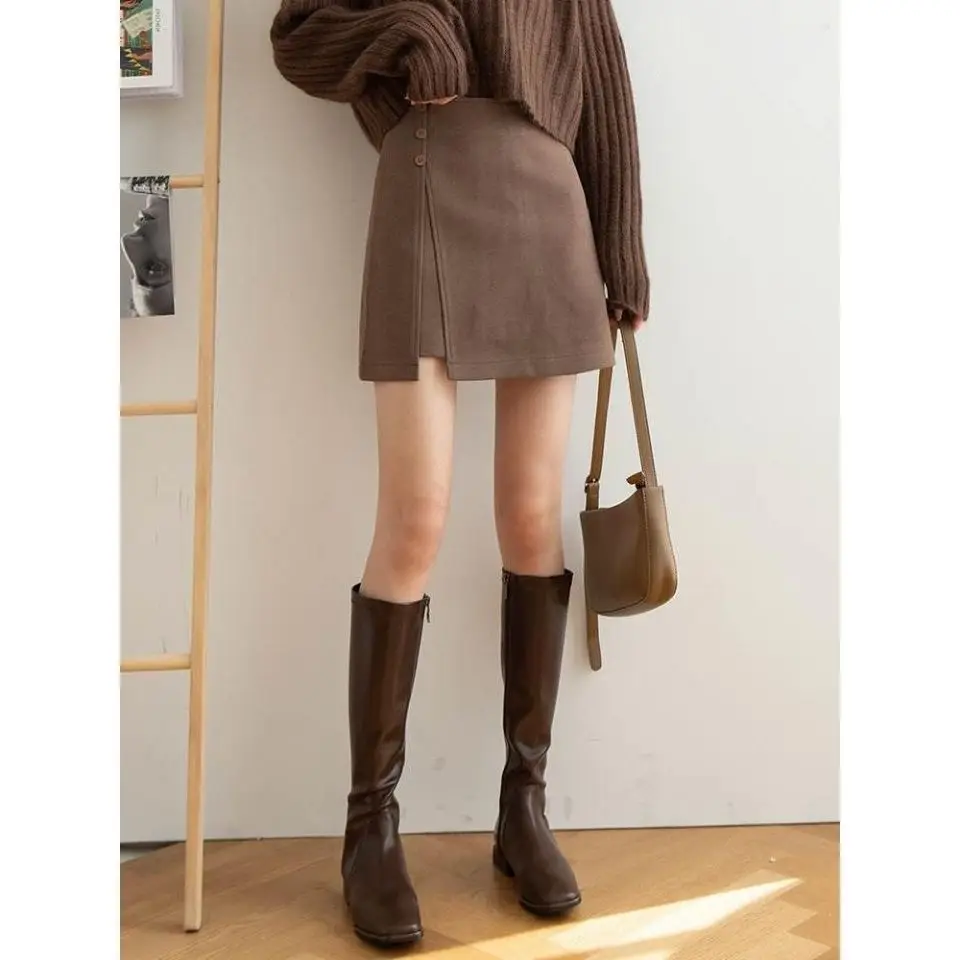 

New Black Woolen Skirt Female Irregular A-line Skirt Is Thin and Split High Waist Short Skirt