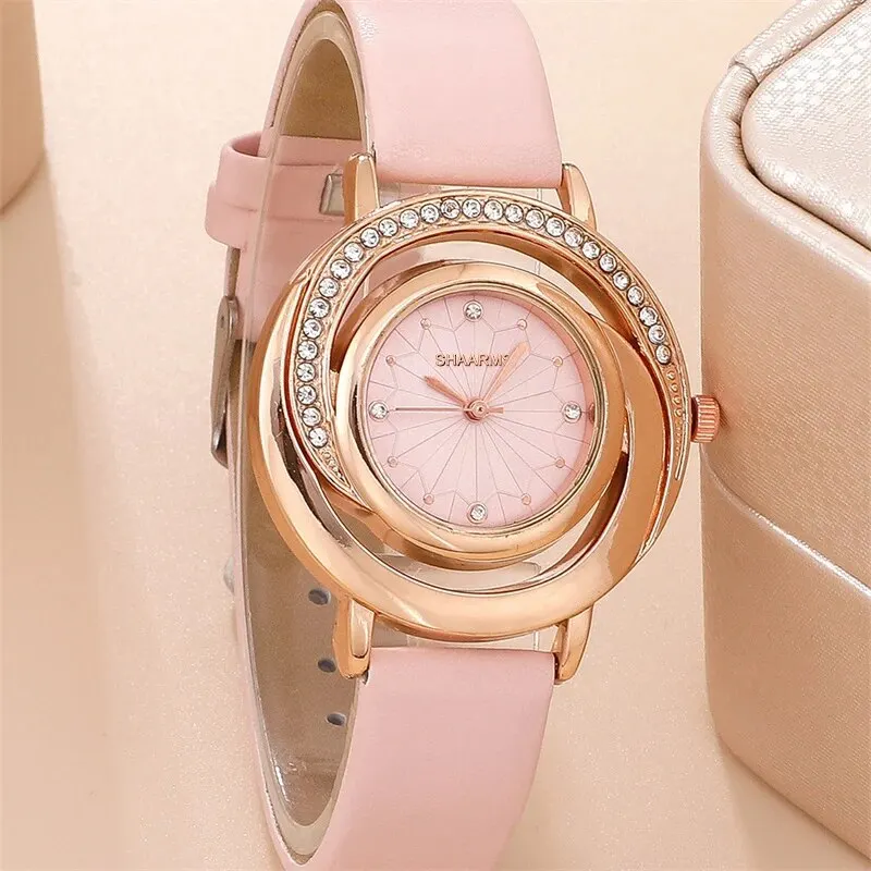 5PCS Set Luxury Watch Women Ring Necklace Earring Rhinestone Fashion Wristwatch Casual Ladies Watches Set Clock