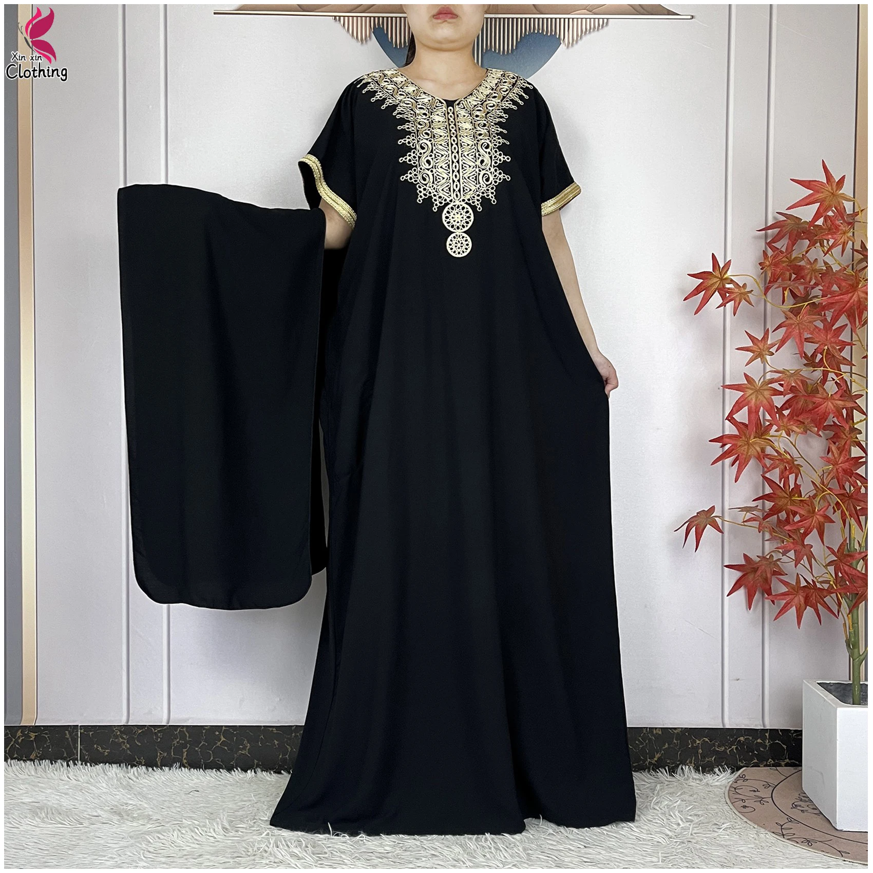 2026 New Summer Short Sleeve African Abaya Cotton Pure Color Embroidery Loose Woman Maxi Islam Tradition Dresses With Headscarf