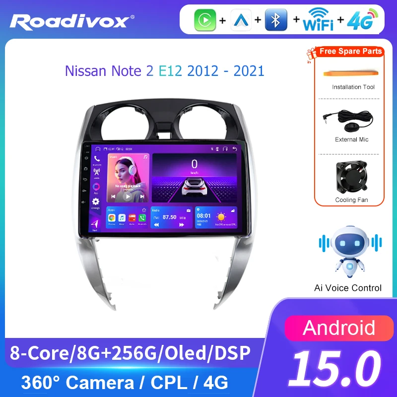 AI VOICE roadivox Android car radio for Nissan Note 2 E12 2012 2021 stereo GPS Navigation video Multimedia Player tape recorder