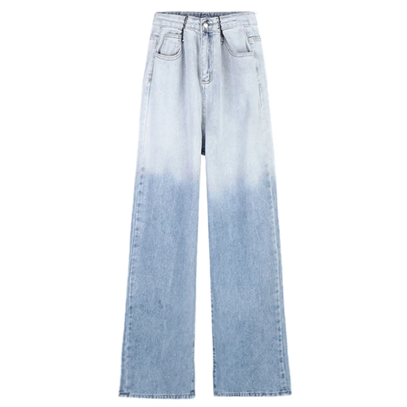 Gradient Design Denim Women's High Waisted Mop Light Blue Student Spring  Autumn Adjustable Elastic Wide Leg Pants Women Jeans