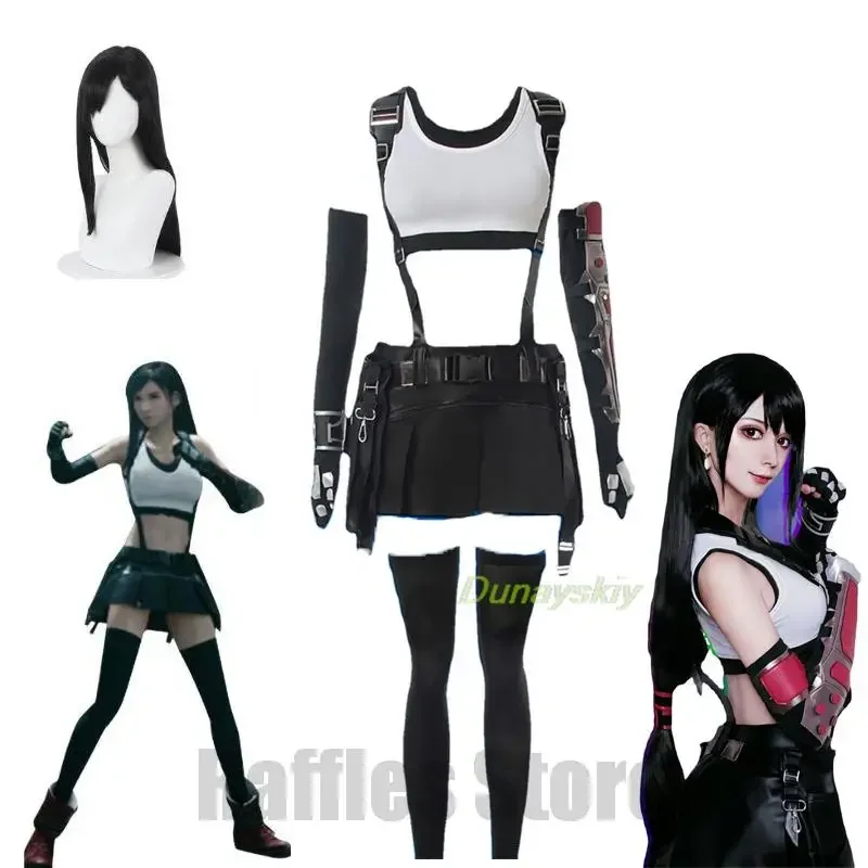 Final Fantasy 7 Remake Tifa Lockhart Kostium Cosplay Uniform dla kobiet Dziewczyny Topy Koszula Spódnica Pełny zestaw Anime Peruka Halloween Garnitur