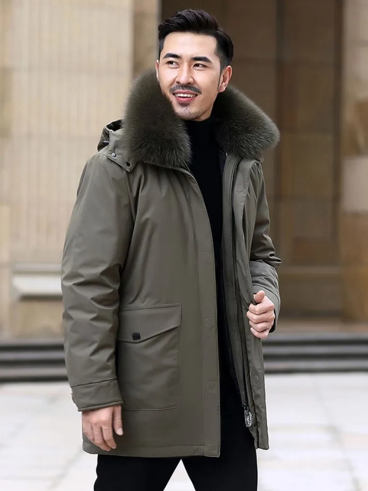 

Mens Down Coat Winter Thick Warm Parkas New Casual Outerwear 5XL Fox Fur Collar Multiple Pockets Hooded Jacket Male Overcoat