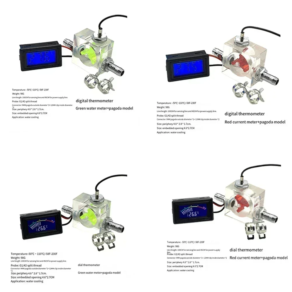 Water-cooled System LED Thermometer, Three-way Flow Meter With Pagoda Clip  For Test Measurement Tool Accessory