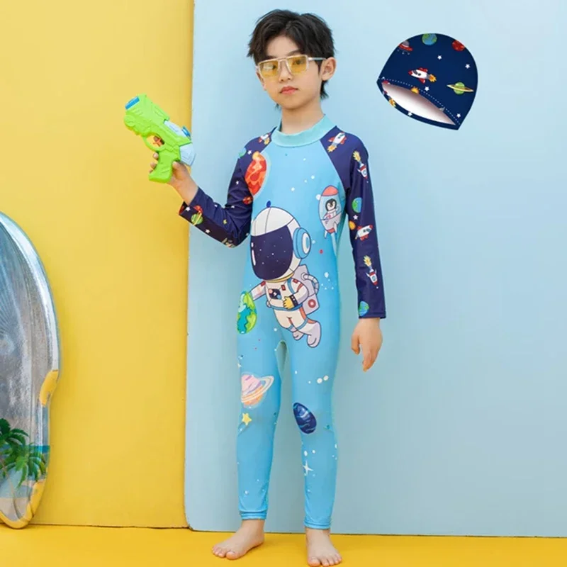 Spring Autumn Baby Boy Girl One Piece Swimsuit Hat 2 Pcs Set Children Swimwear Cartoon Dinosaur Shark Unicorn Suit Kid Beachwear