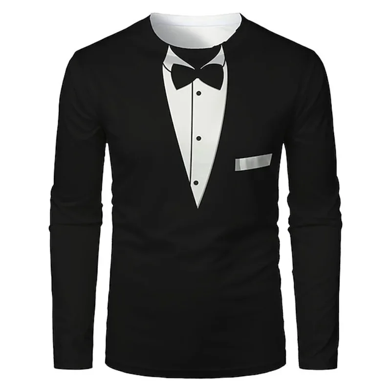 Funny Fake Bow Tie 3D Print T-Shirts Men Woman Long Sleeve Hip Hop T Shirt Streetwear Harajuku Tops  Youth&Teens Clothing