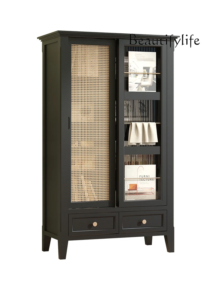 

Living Room Combined Bookcase Retro Classic Black Decorative Side Cabinet Rattan Sliding Door Display Cabinet