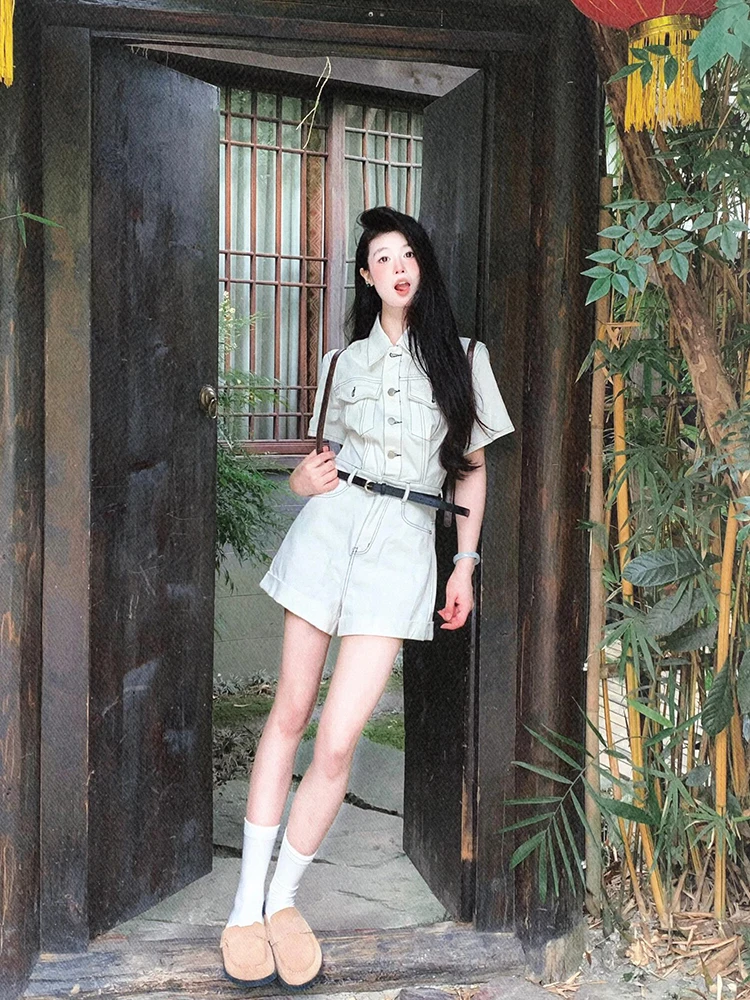 

Chenqg Vintage Collar Denim Overalls ort Summer White One-Piece Suiting for Women Commute Sle Fitted with Button Detail