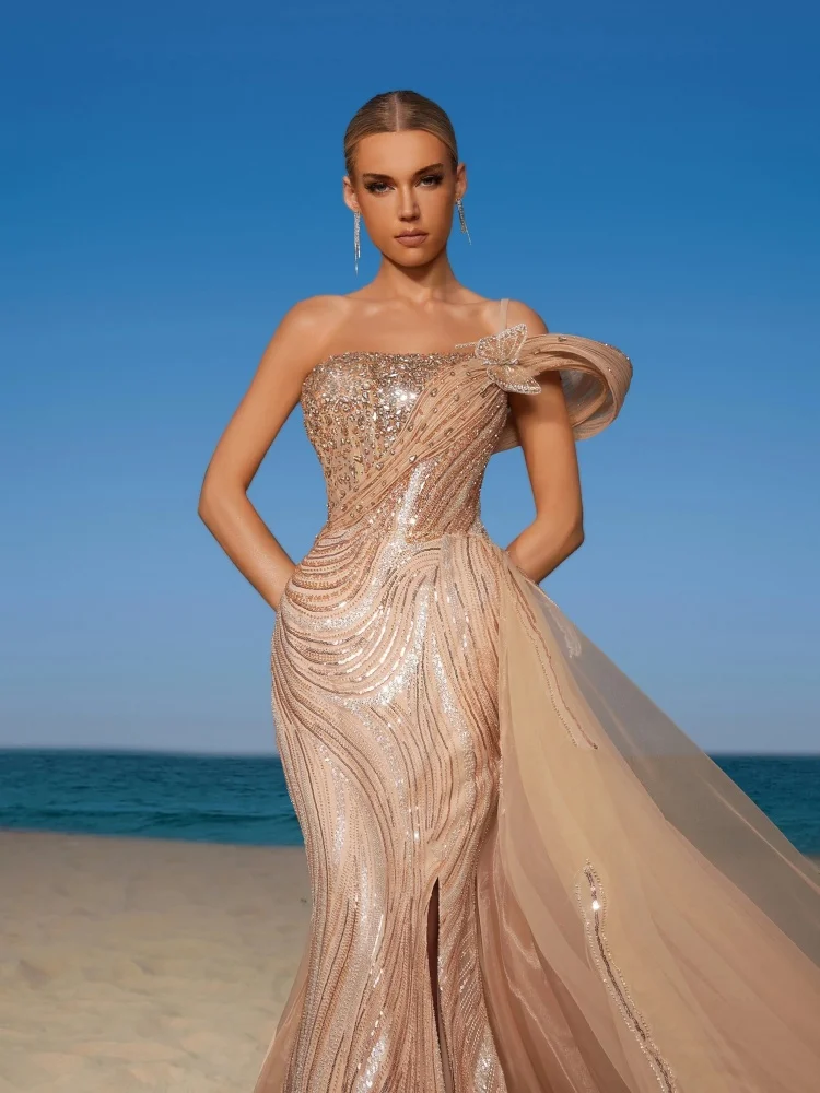 Fashion Sexy Beige One-Shoulder with Sequins & High Slit Maxi Dress for Date Night Dinner Gala Gown