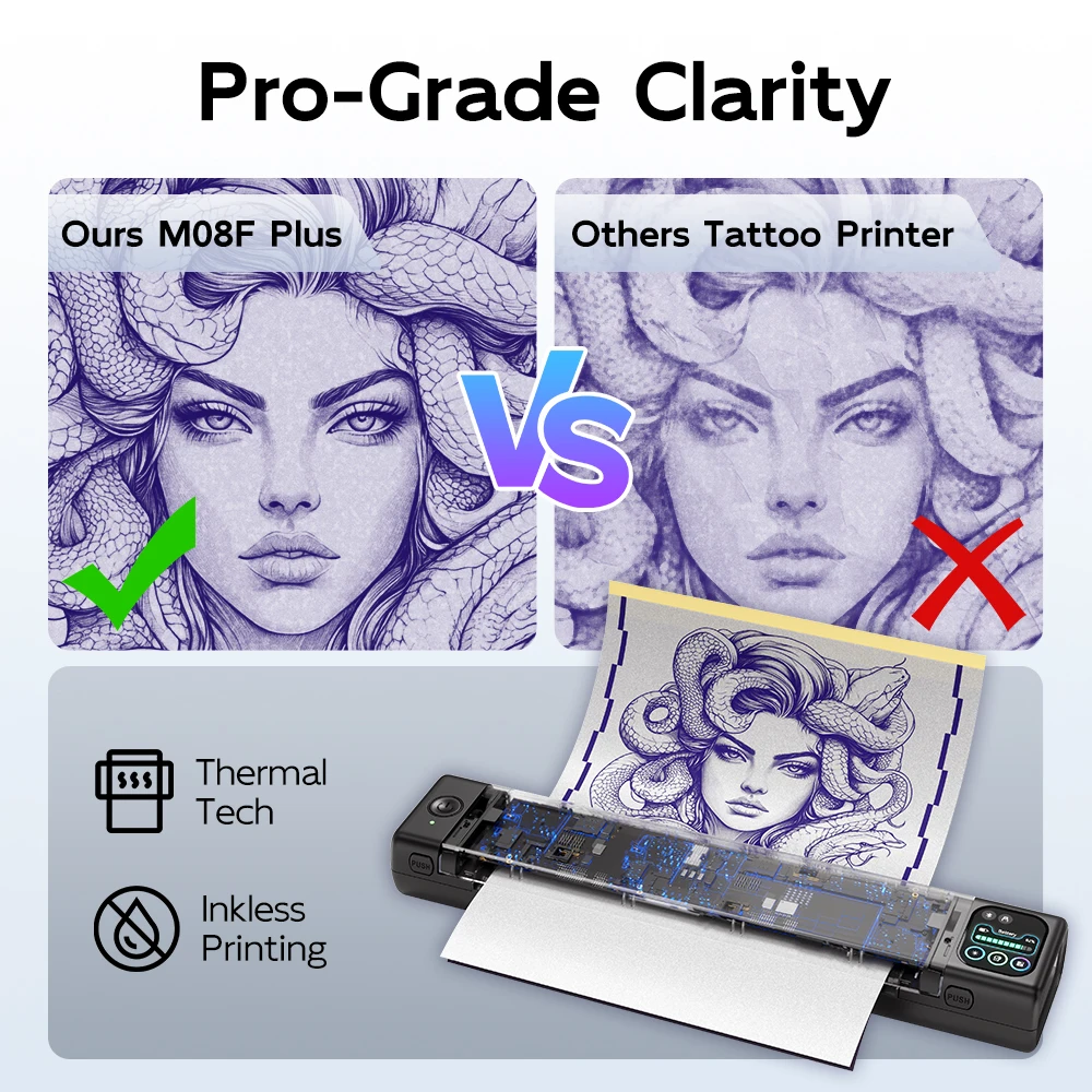طابعة استنسل الوشم Phomemo M08F Plus مع شاشة تعمل باللمس، آلة طابعة الوشم بلوتوث مع 10 قطع من ورق نقل ممتاز #3