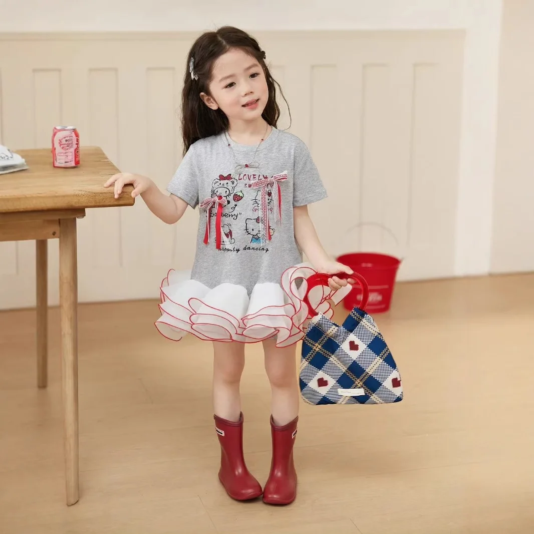 

Стильное летнее платье для девочек 2026 года, новая коллекция: футболка и юбка, детский летний комплект для малышей, серая футболка с кошачьим принтом, платье-торт для малышей