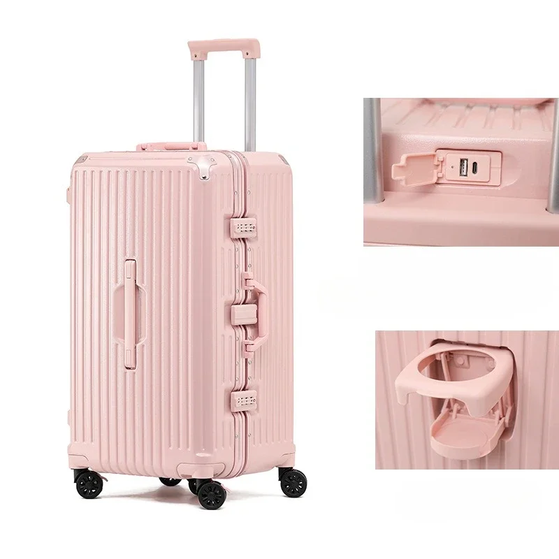 Aluminum Frame Luggage Pc Frosted Wear Resistant Surface Folding Cup Holder Buffer Universal Wheel Usb Suitcase Luggage case