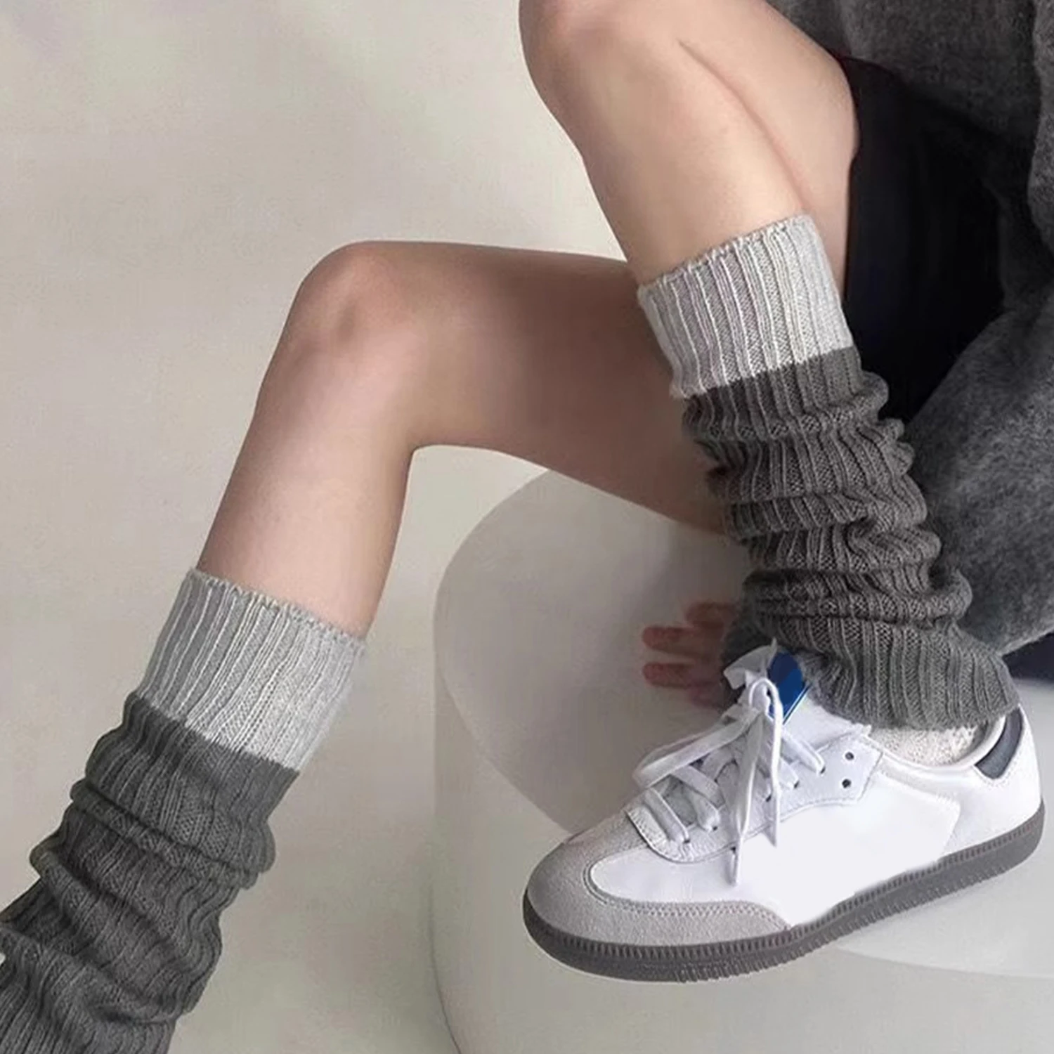 

Женские вязаные шерстяные гетры для ног, осенне-зимние, в стиле Лолита, контрастные, термо, длинные носки-гетры, милые, для девушек, облегающие, до икр