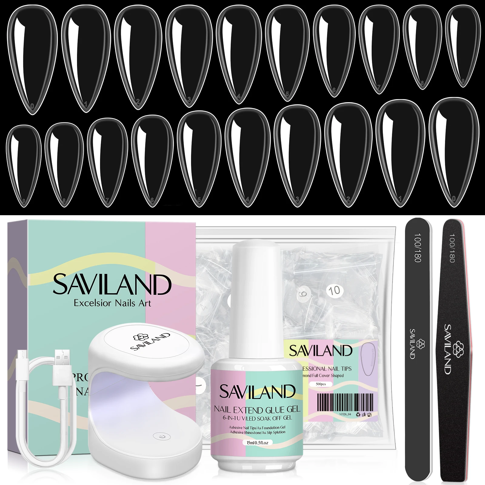 SAVILAND 500pcs Gel X Nail Kit For Extension Nail Tips Full Cover Press On Nails Sculpted Almond Coffin with UV LED Nail Lamp