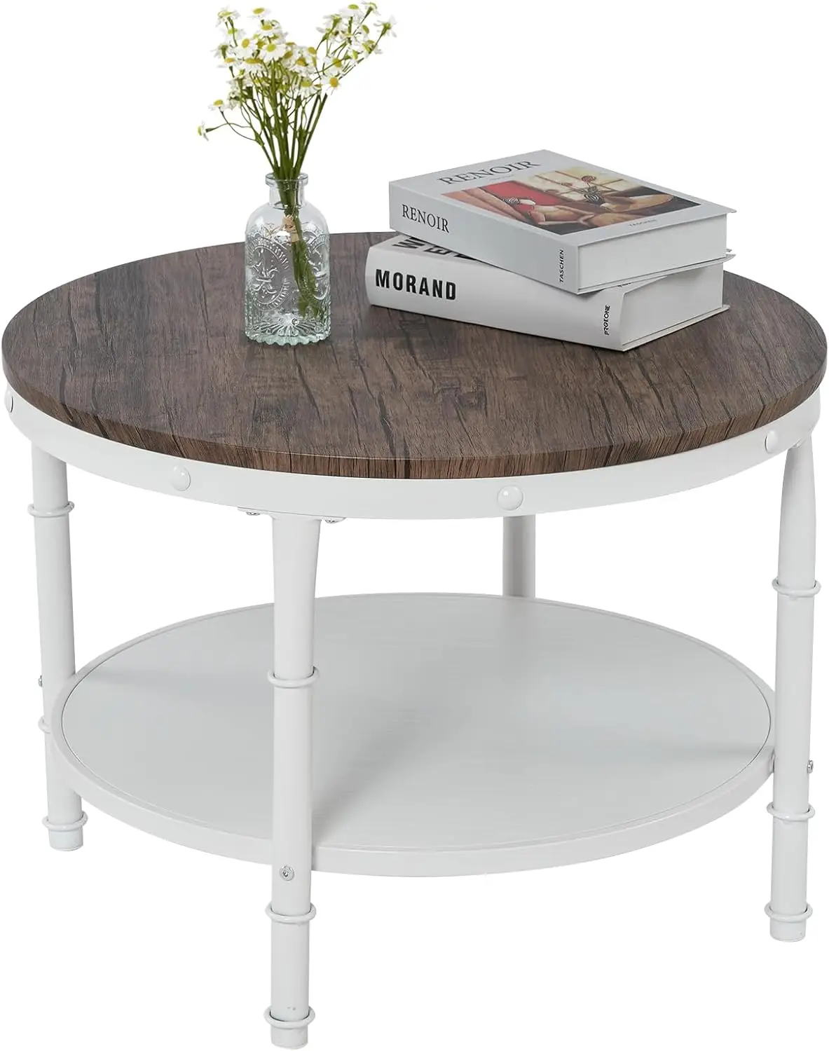 VENGLI-Round Farmhouse Coffee Table, noz escura, madeira de armazenamento de 2 camadas, Center Circle Accent Table para sala de estar, 25,6"