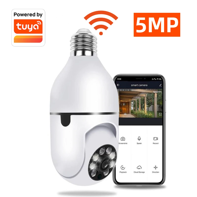 Tuya 5MP Wireless Rotate Auto Tracking Panoramic Camera Light Bulb Wifi PTZ IP Cam Remote Viewing Security E27 Bulb Interface