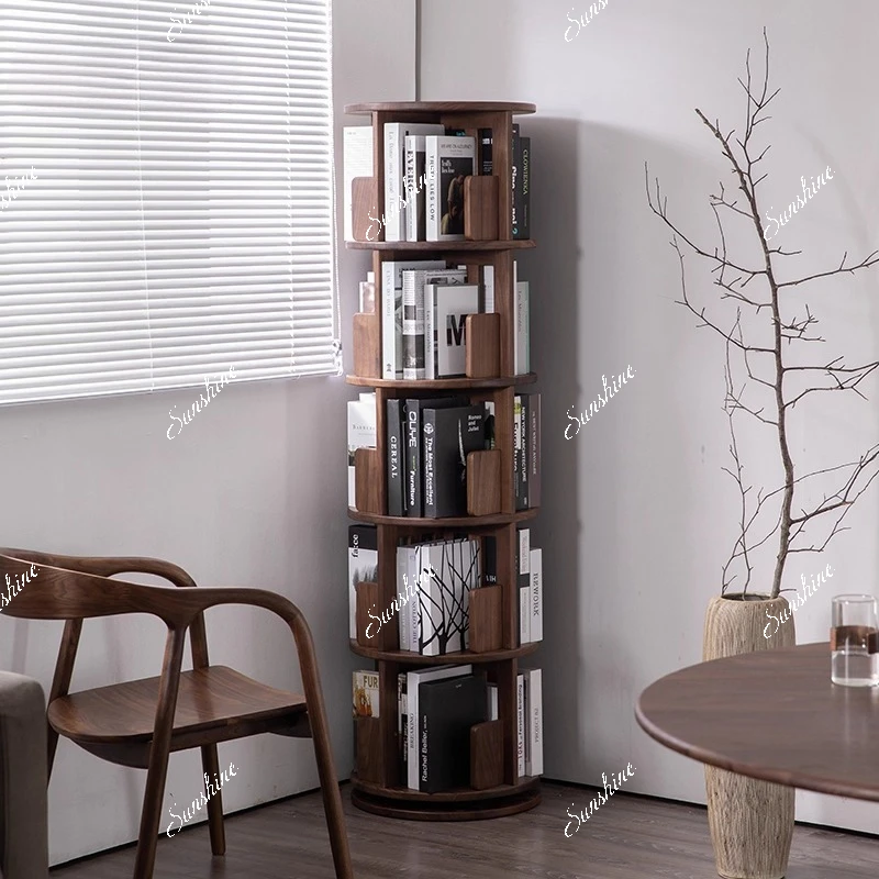 

Black walnut solid wood rotating bookshelf 360 degree bookcase household floor cabinet