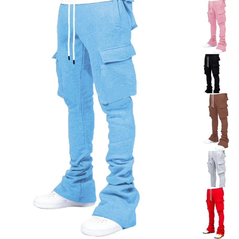 Mens Drawstring Waist Jogger Pants Solid Color Pile Up Stacked Cargo Pants Workout Running Sweatpants with Multi Pockets