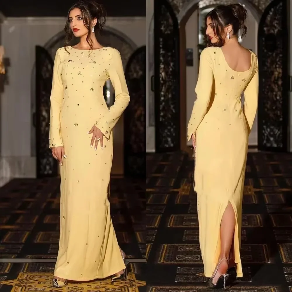 

Customized Exquisite Long Sleeve Mermaid Evening Dress Charming High Split Prom Dress Sexy Satin Beading Party Gown вечерне