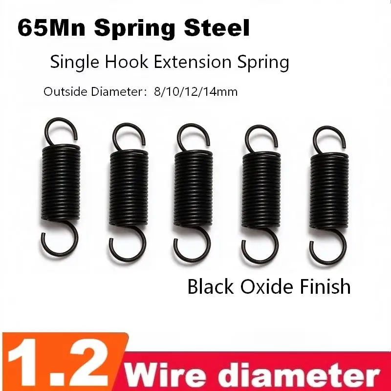 Extension Spring with Hooks 65Mn Spring Steel 1.2mm Wire Dia Black Tension Springs Single Hook OD 8/10/12/14mm Length 30-326mm