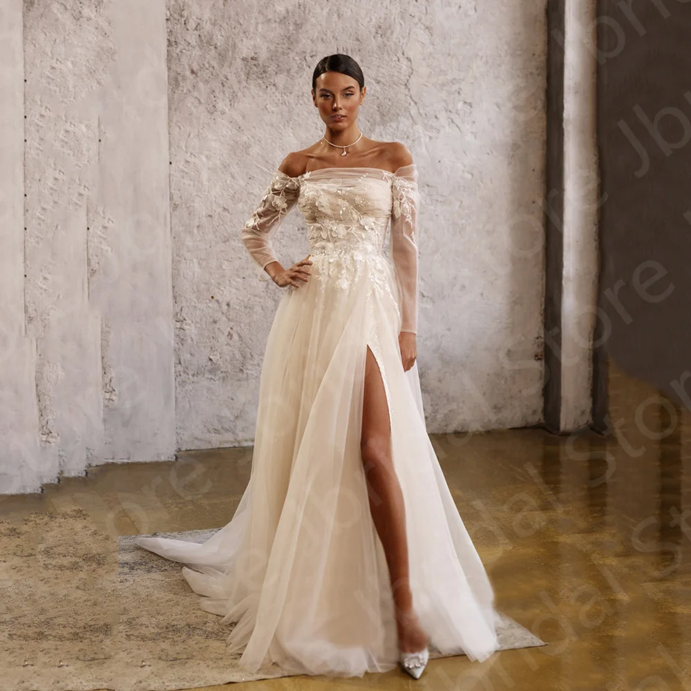 

Graceful On Sale 2023 Wedding Dresses Lace High Side Slit Bride Off Shoulder Sleeve Bridal Gown Strapless Court Train