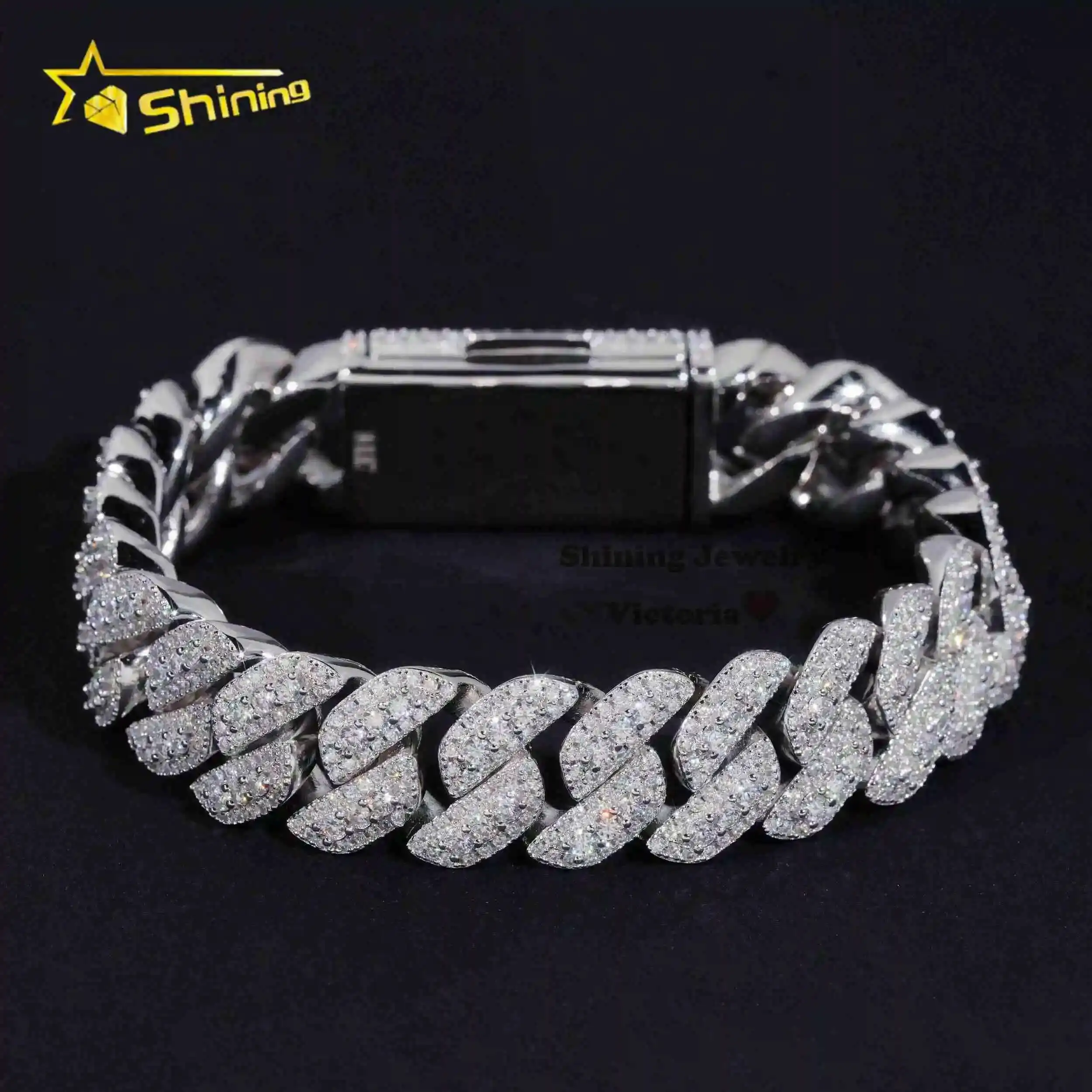

Iced Out Mens Jewelry Hip Hop Sparkle 925 Sterling Silver 15MM VVS Moissanite Diamond Three Rows Cuban Link Bracelet