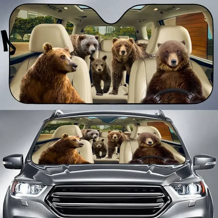 Grizzly Family Funny Windshield Sun Shade for Truck SUV Automotive Car Sun Shade Windshield Covers Cute Animal Foldable