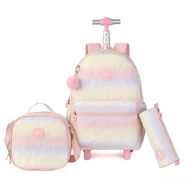 

Rolling Backpack for Kids 18 Inch Wheeled Bookbag for Girls for School & Travel Rolling Bags with Lunch Bag Pencil Case Set