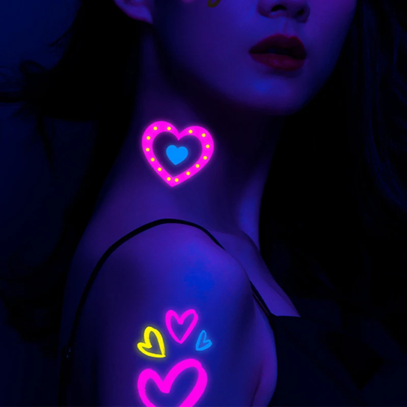 Tatuajes adhesivos fluorescentes temporales para el Día de San Valentín, pegatinas de amor brillantes, tatuaje de Bar nocturno para fiesta de boda, decoración de arte corporal