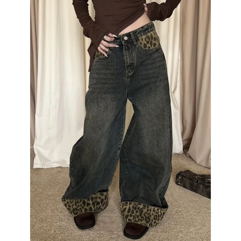 2000s American Vintage Leopard Y2k Jeans Women Subculture Harajuku Wide Leg Pants Bottoms Denim Trousers Casual Retro Clothing