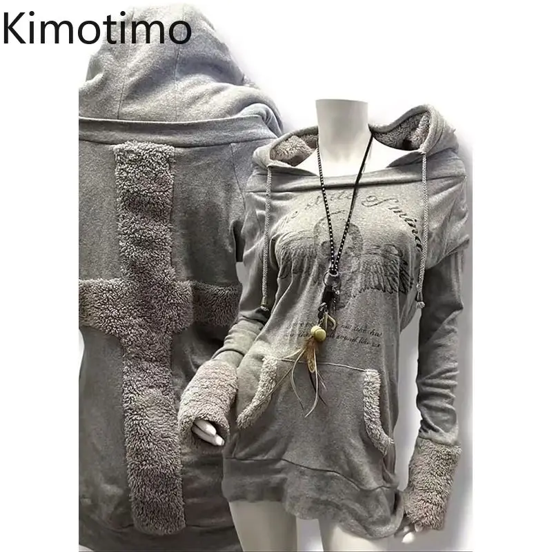

Kimotimo Harajuku Skull Cross Printed Hoodie Women American Vintage Pocket Long Sleeve Coat Tops Punk Y2k Gothic Sweatshirt INS