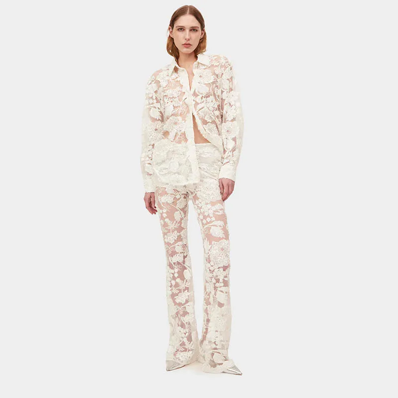 

White Floral Lace Summer Women Pants Set 2 Piece Blazer+Trousers Flower Sexy See Through Formal Office Lady Prom Jacket Coat