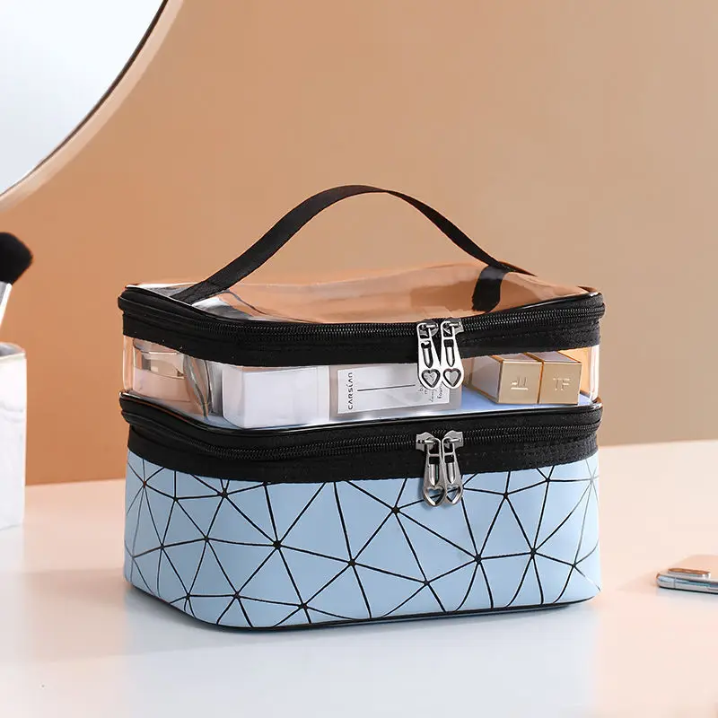 Bolsa de cosméticos transparente doble multifunción para mujer, estuche de maquillaje de gran capacidad, organizador de maquillaje de viaje, almacenamiento de artículos de tocador y belleza