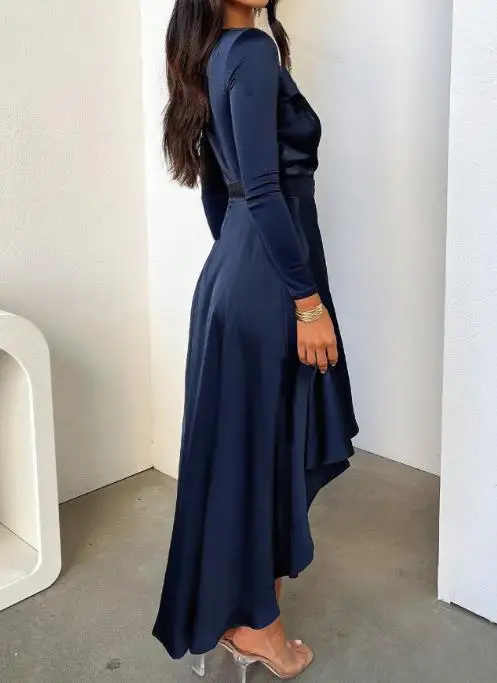 

Autumn 2025 Elegant Style V-Neck Long Sleeved Dress Women with Strap Up Waist Solid Color Asymmetric Skirt Design Sense Dress