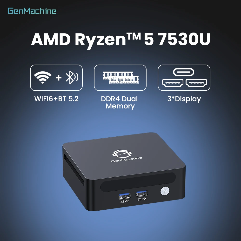 PC Gamer Genmachine AMD Ryzen 5 7530U Mini PC Windows 11 Ryzen Desktop 6C/12T 4.5GHz Sempurna untuk Streaming & Kerja PC Gaming Rakitan
