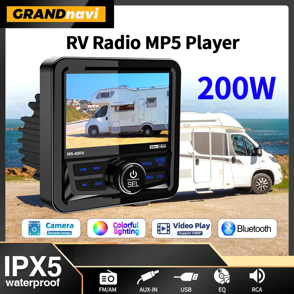 

MP5 Player Marine RV Radio Boat Stereo FM AM Digital Media Audio Player Bluetooth IPX5 Waterproof For RV Yacht ATV UTV Golf Cart