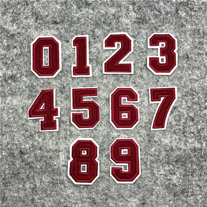 Burgundy Number 0-9 Embroidery Patch For Rugby Hats Iron on Patches Clothes T shirt DIY Appliques Stickers