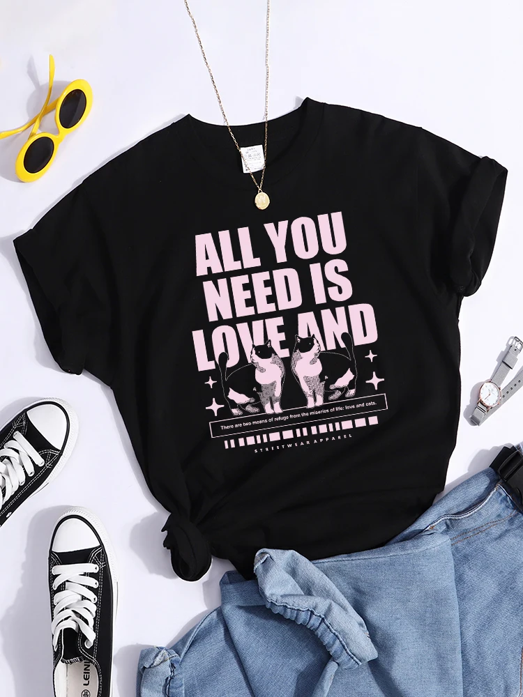 All You Need Is Love And Cat Tshirts Women Summer Fashion T-Shirt Casual Round Neck Clothes Harajuku Outdoor Clothing Womens