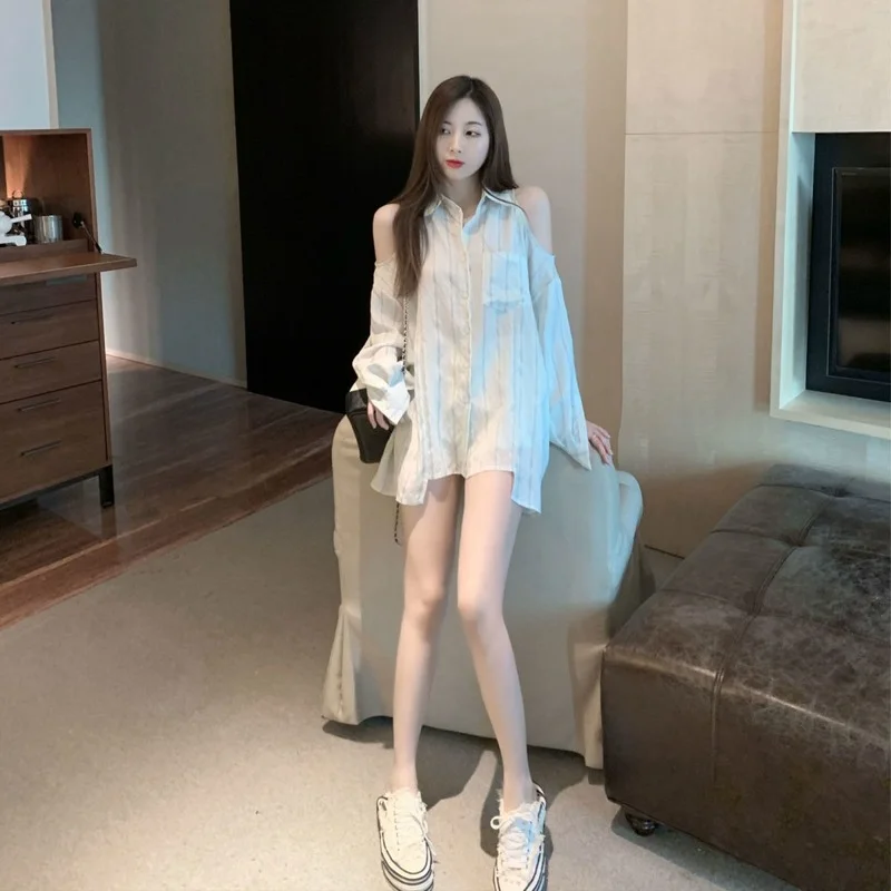 

Shirts Women Summer Long-sleeve Thin Sun-proof Hole Striped All-match Office Lady Clothing Fashion Sweet Students Ulzzang Casual