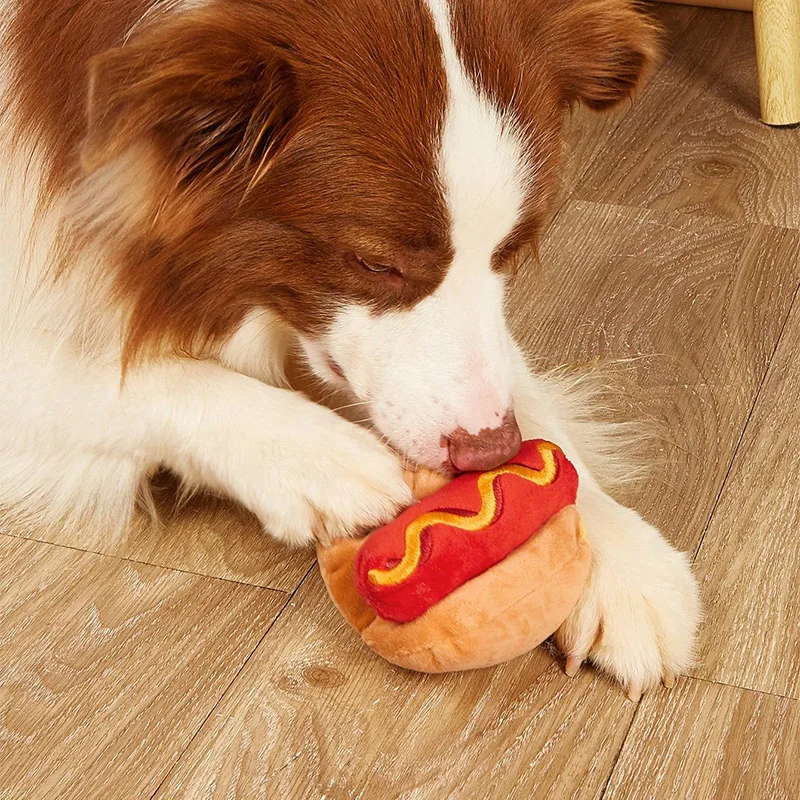 1pc Hot Dog Design Haustier Schleifen Zähne Quietschendes Plüschtier, Langlebiges Kauspielzeug Für Hund Interaktive Versorgung – Detail 3