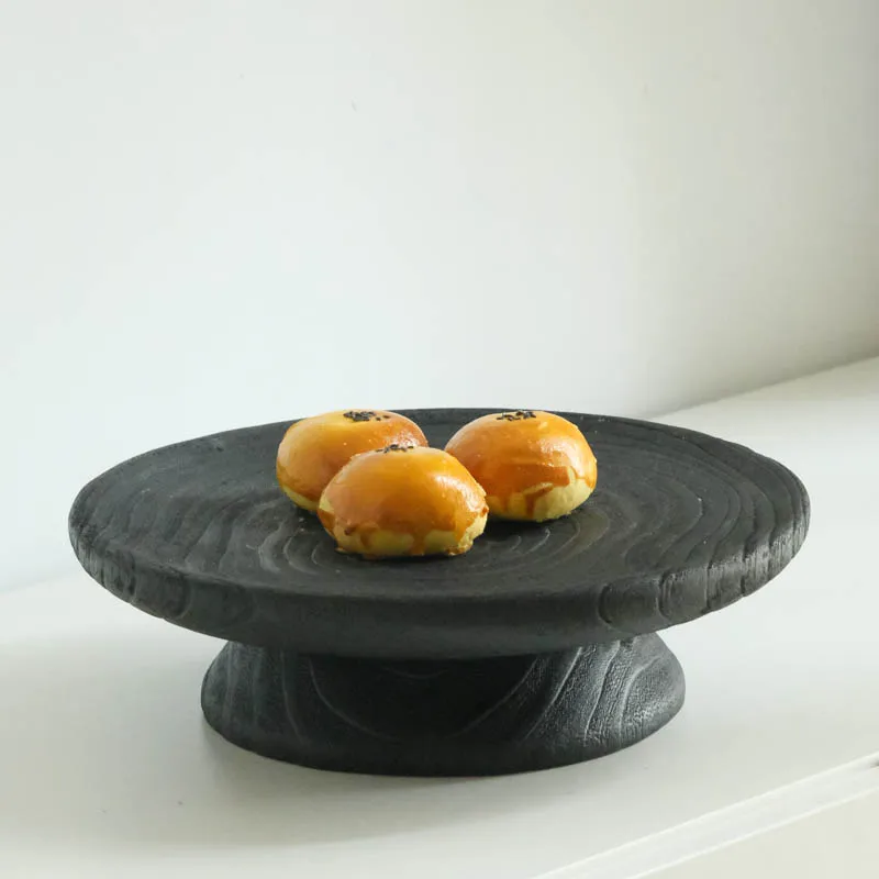 

Round Home Decor Tray Solid Wood Fruit Serving Plate Black Retro Style Decorative Platter Unique Snack Dish for Dining Table