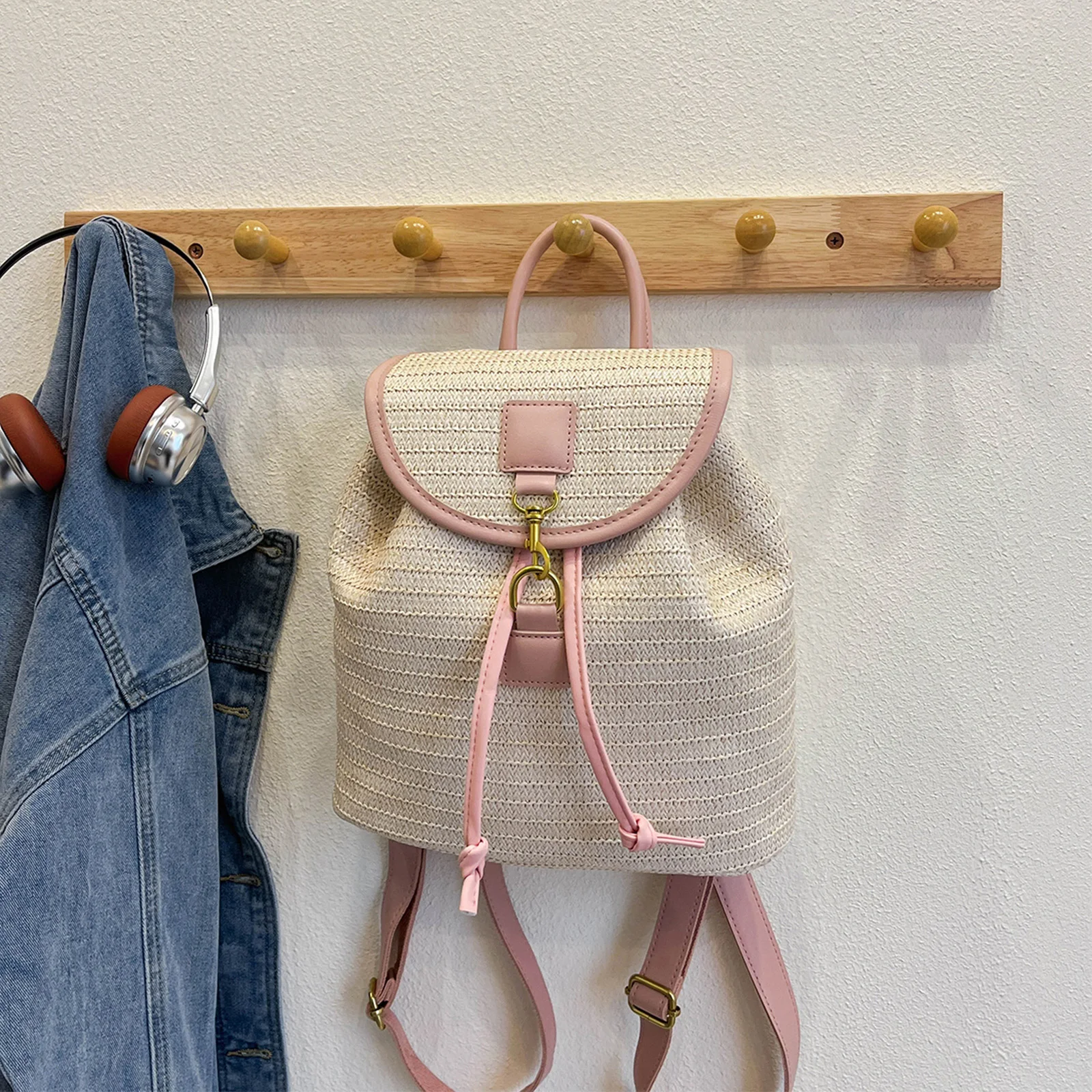 Women Striped Woven Backpack Lightweight & Portable Schoolbags Handmade Daypack with Flap Design for Summer Vacation Travel Pool