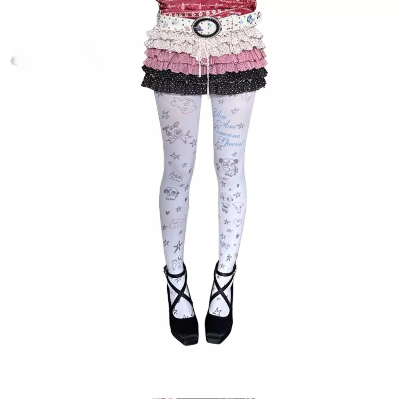 Japanese Original Design White Y2K Print Irregular Graffiti Full Print Women's Stockings Autumn New Cute Versatile Tights Ladies
