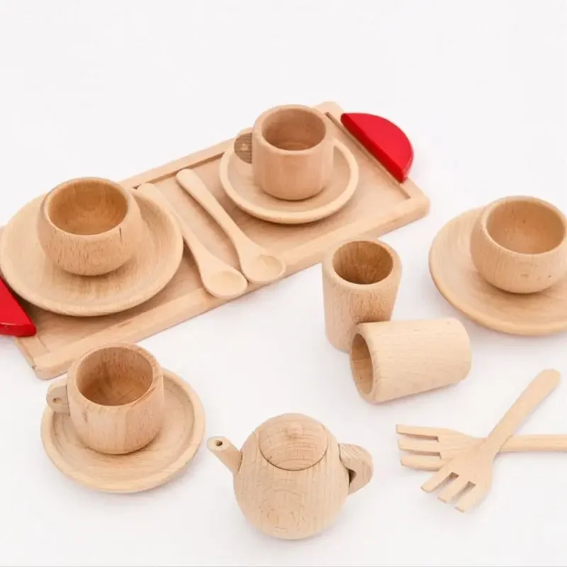 

1Set Wooden Tableware Tools Tea Pot Tea Cup Teatime Party Play Toy Dollhouse Miniature Kitchen Tableware Accessories for Kids