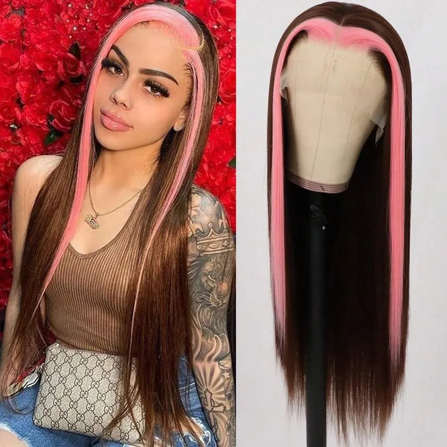 البني تسليط الضوء على الوردي 13x4 العظام مستقيم الدانتيل الجبهة الباروكات HD قبل قطعها غلويليس مقاومة للحرارة الاصطناعية الدانتيل شعر مستعار أمامي #1