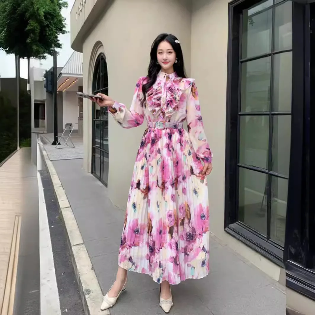 2024 Muslim Arab Spring New Beach Vacation Ear Edge Retro Style Long sleeved Printed Chiffon Pleated Waist Slimming Dress