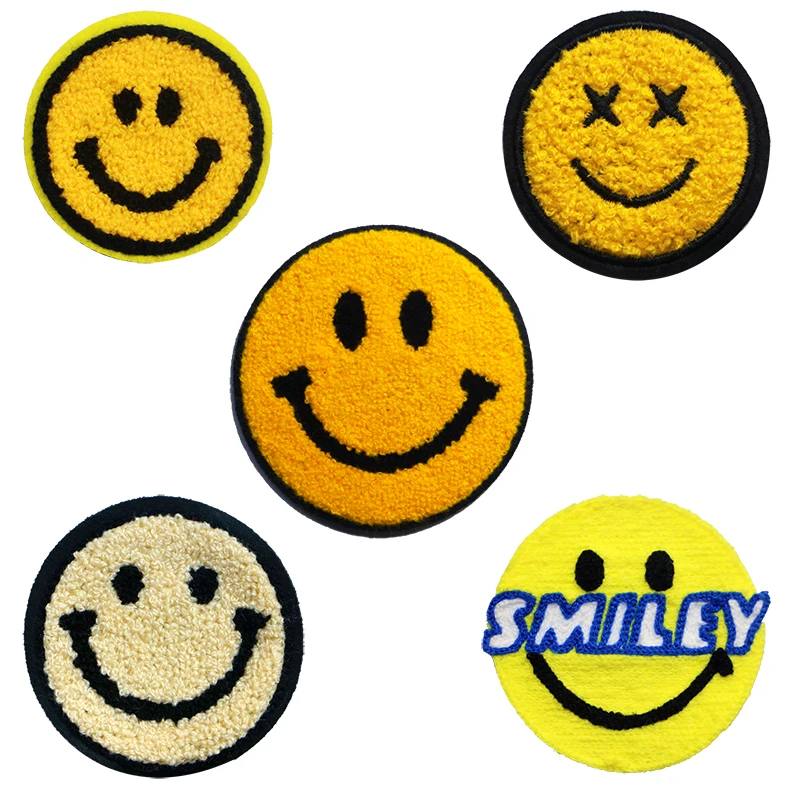 Cute Cartoon Embroidery Sewing Towel Round Yellow Brown Expression Smiling Face Micro Chapter Stripe DIY Decorative Clothing