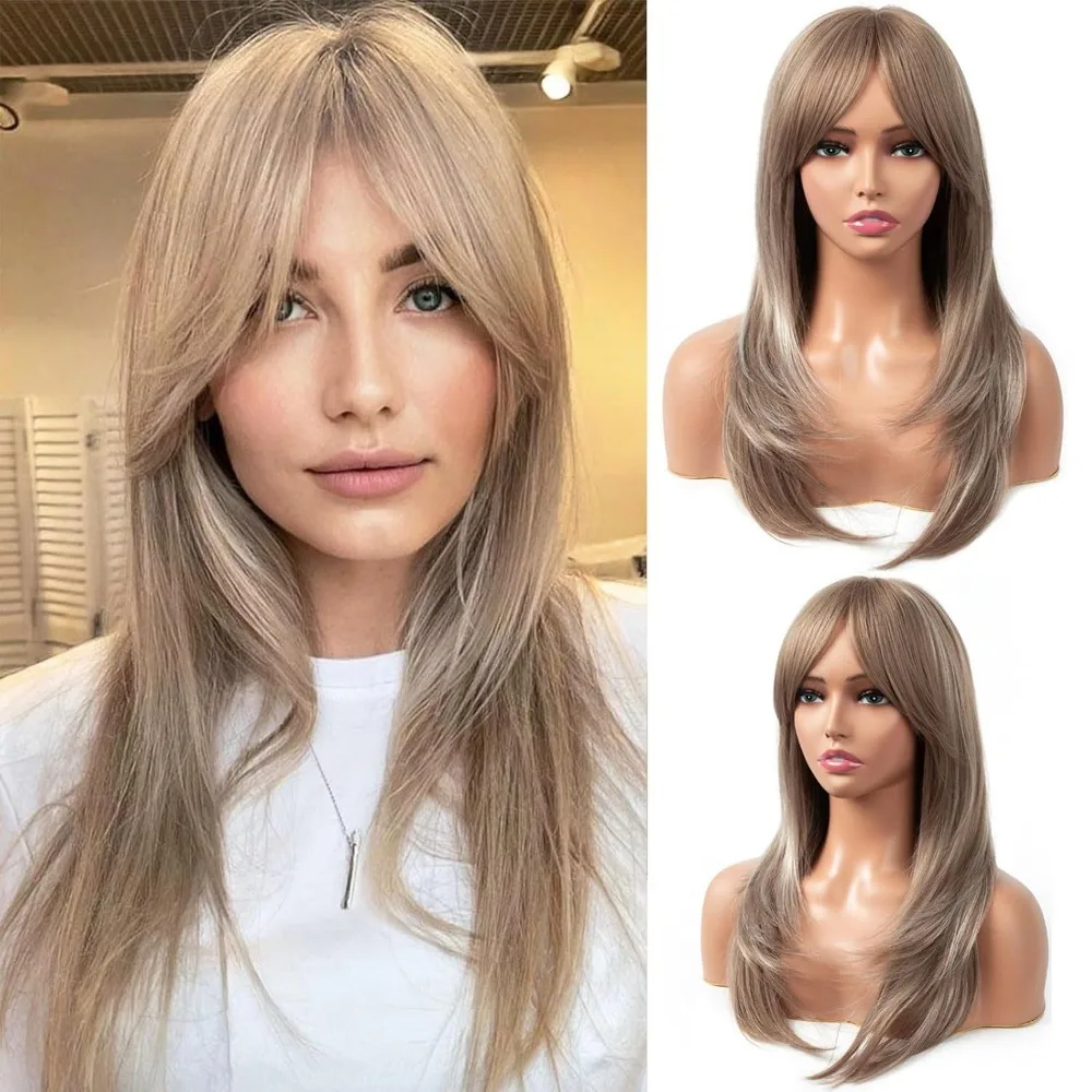 شعر مستعار بني مع الانفجارات 22 بوصة فراق مركزي طويل مستقيم الطبقات شعر مستعار للنساء مظهر طبيعي ألياف صناعية مقاومة للحرارة ث #2