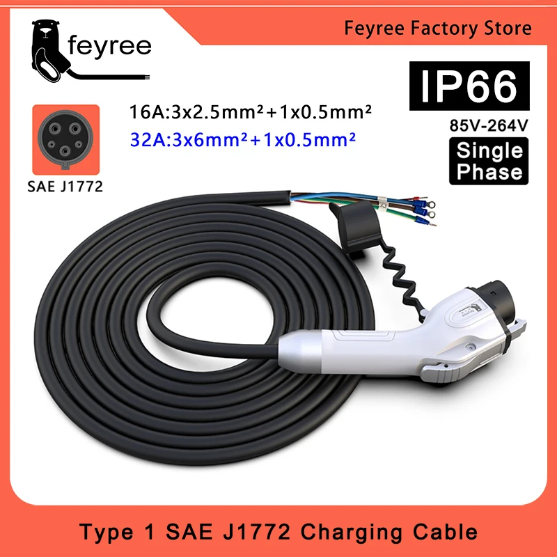 feyree SAEJ1772 Adapter Type1 Plug EV Charging Cable 5m Cord 32A 16A for Car Charger Station Electric Vehicle