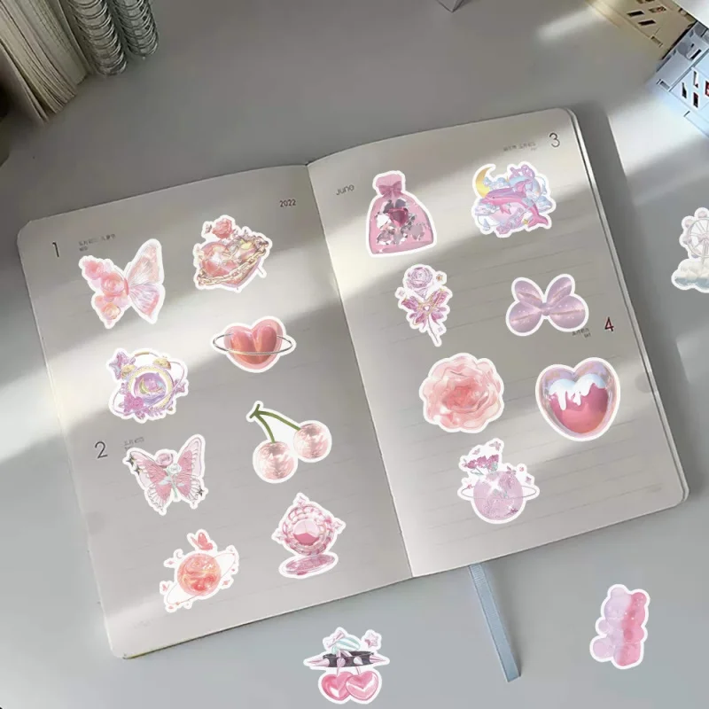 63PCS INS Styles Shiny Pink Laser Stickers For Luggage Phone Case Laptop Notebook Decals Kids Gift